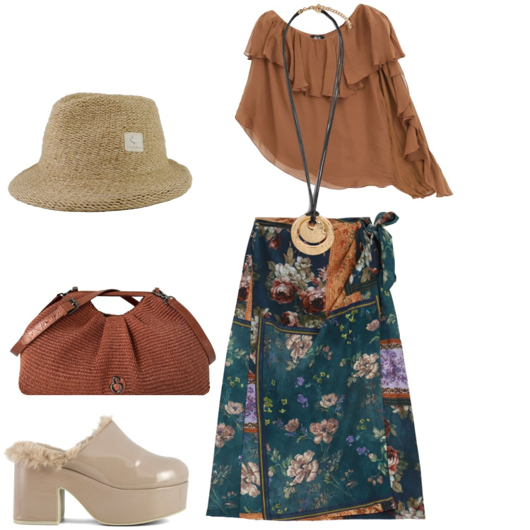 Outfit donna - Aperitivo di settembre. Stile Boho per Serata fuori. Abbinamento con bluse, gonne longuette, ciondoli, clutch, cappelli, sabot.