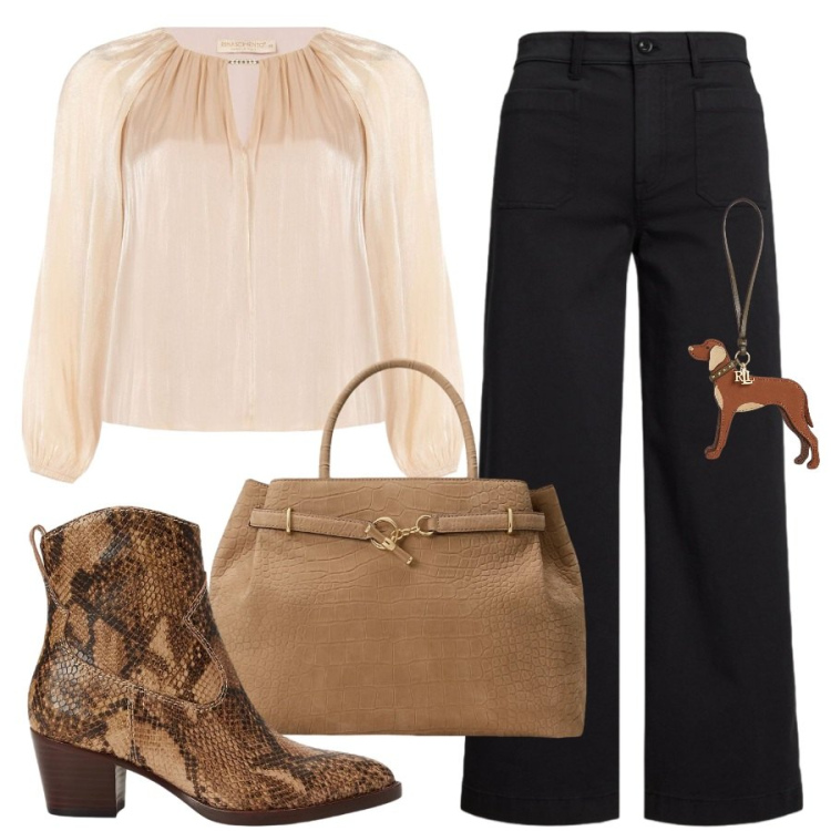 Outfit donna - Stivaletti glamour. Stile Trendy per Ufficio. Abbinamento con bluse, stivaletti, pantaloni, ciondoli, borse a mano.