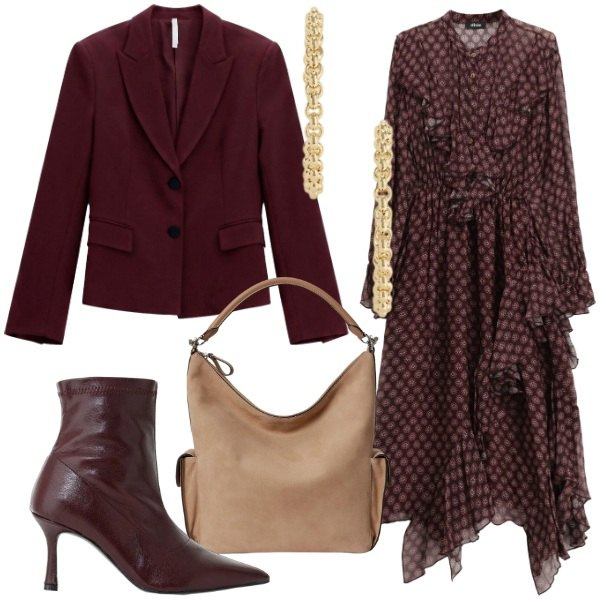 Outfit donna - Le nuove collezioni autunnali. Stile Glamour per Serata fuori. Abbinamento con blazer, stivaletti, vestiti asimmetrici, borse a spalla, orecchini.