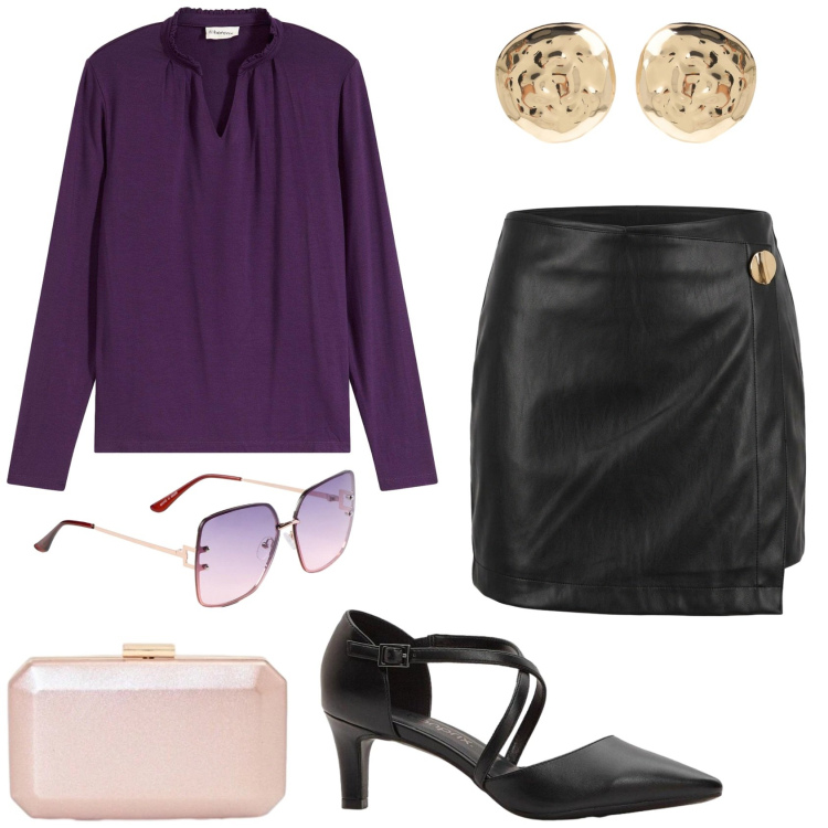 Outfit donna - Aperitivo a settembre in viola!. Stile Chic per Serata fuori. Abbinamento con bluse, décolleté, occhiali da sole, orecchini, clutch, minigonne.