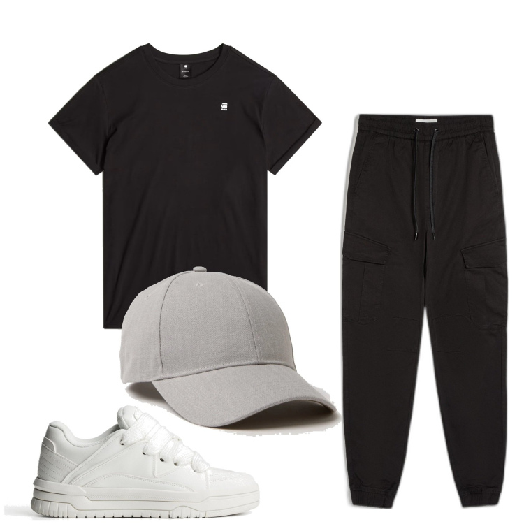 Outfit hombre - Deportes. Estilo Casual para Deporte. Combinación con pantalones cargo, sombreros o gorros con visera, camiseta, sneakers.