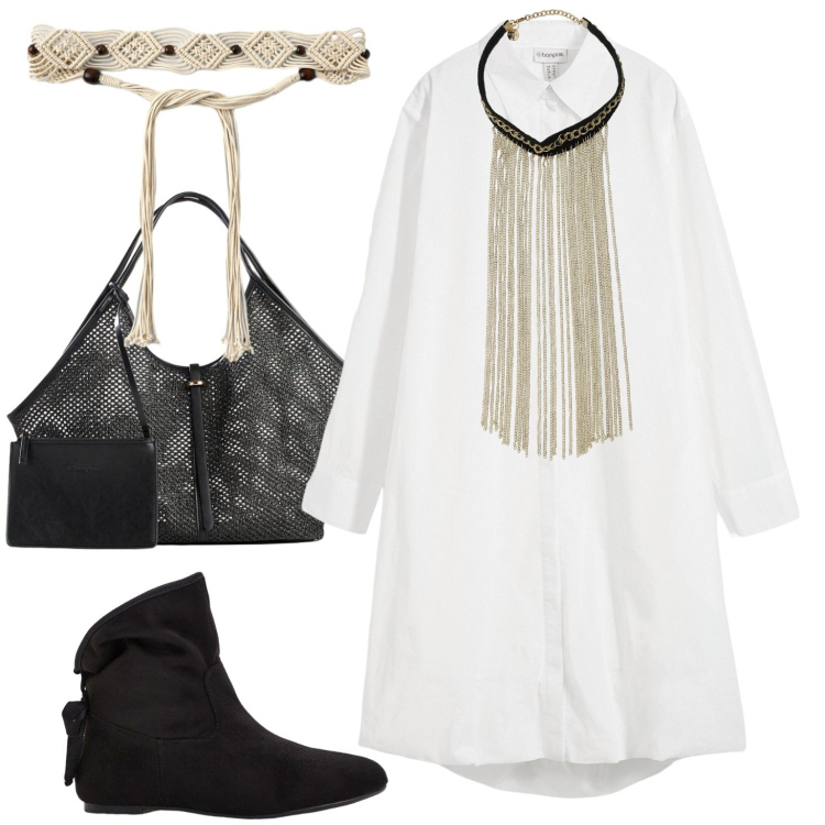 Outfit donna - Chemisier di transizione. Stile Boho per Tutti i giorni. Abbinamento con stivaletti, vestiti chemisier, shopping bag, collane, cinture.