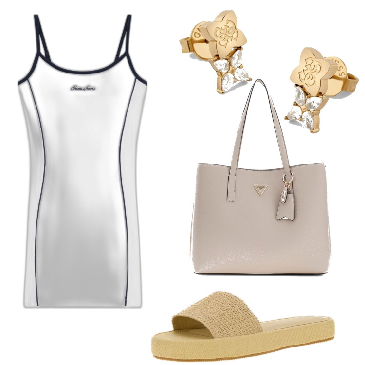 Outfit mujer - Casual. Estilo Casual para Todos los días. Combinación con sandalias apliques joya, vestidos cortos, pendientes, bolso shopper.