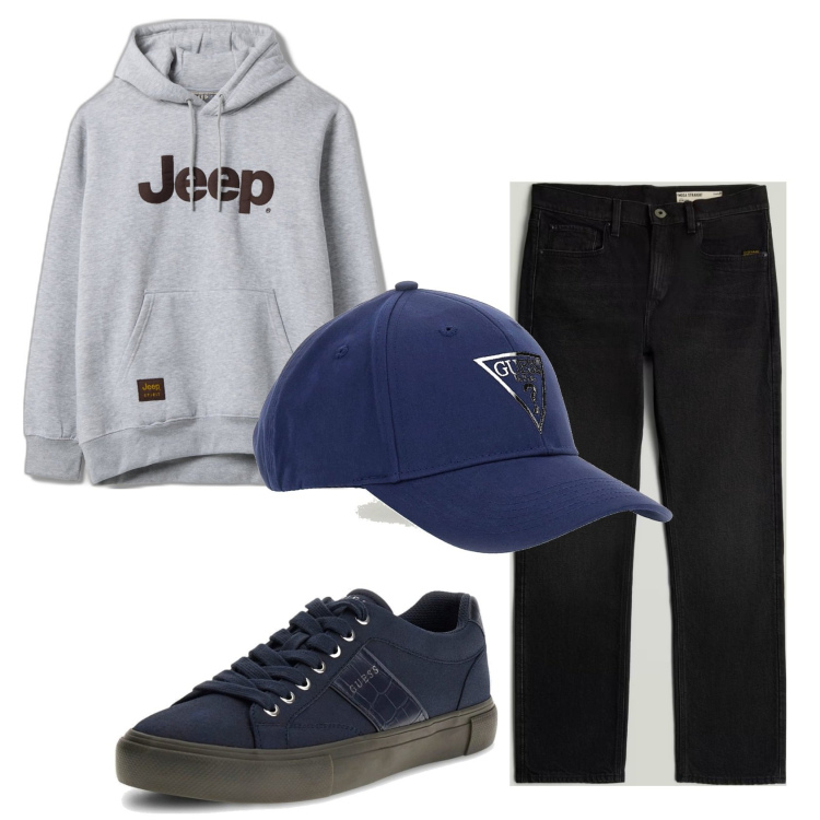 Outfit hombre - Casual. Estilo Casual para Todos los días. Combinación con sneakers, vaqueros rectos, sudaderas con capucha, sombreros o gorros con visera.