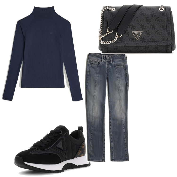 Outfit mujer - Urban look. Estilo Urban para Todos los días. Combinación con bandoleras, sneakers, camiseta, vaqueros.