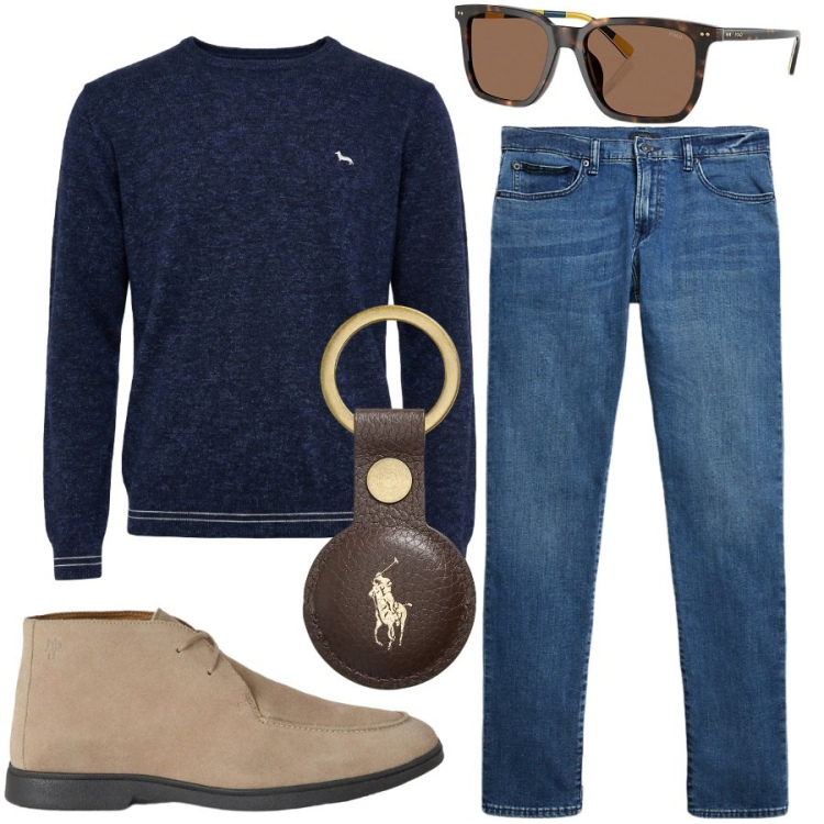 Outfit uomo - Blu e marrone. Stile Casual per Tutti i giorni. Abbinamento con pullovers, stivali e stivaletti, occhiali da sole, jeans, portachiavi.