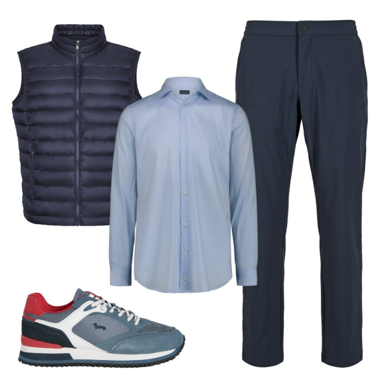 Outfit uomo - Sneakers al lavoro. Stile Casual per Ufficio. Abbinamento con sneakers, camicie, pantaloni, piumini.