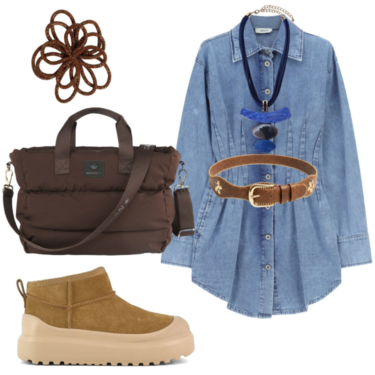 Outfit donna - Chemisier di transizione. Stile Casual chic per Tutti i giorni. Abbinamento con vestiti lunghi, ciondoli, borse tote, cinture, accessori per capelli, stivali.