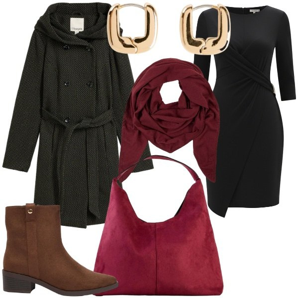 Outfit donna - I primi giorni di settembre. Stile Glamour per Serata fuori. Abbinamento con borse a spalla, orecchini, sciarpe, stivaletti, cappotti, vestiti asimmetrici.