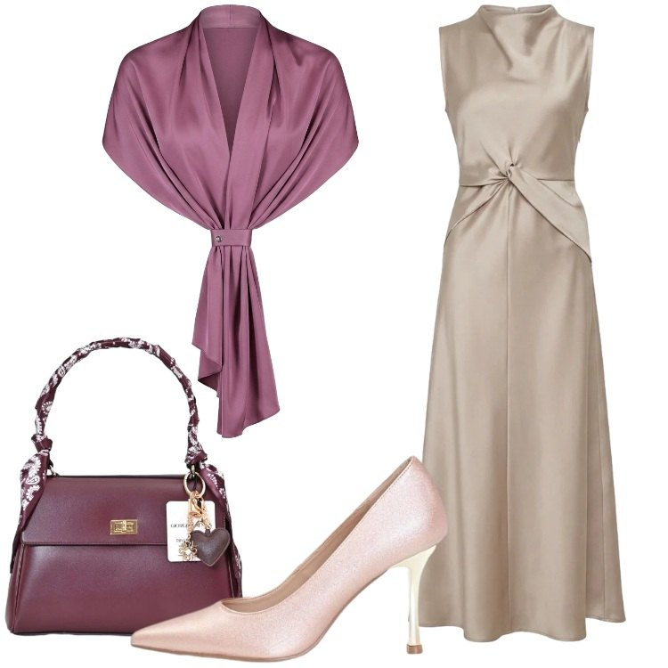 Outfit donna - Rinascimento - Dietro la trama FW26. Stile Chic per Cerimonia. Abbinamento con stole, décolleté, vestiti midi/longuette, borse a mano.