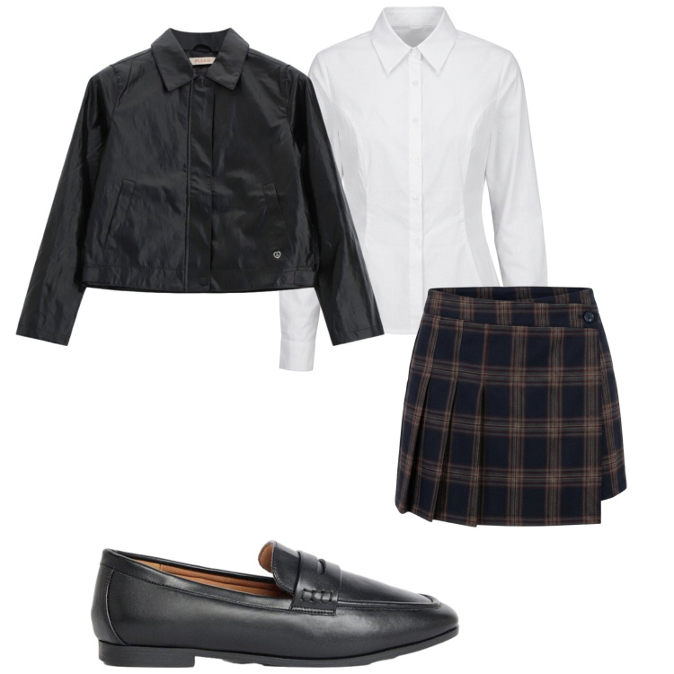 Outfit donna - Urban autunnale. Stile Urban per Tutti i giorni. Abbinamento con mocassini, blazer, minigonne, camicie.