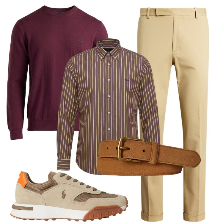 Outfit uomo - Accessori in pelle. Stile Trendy per Ufficio. Abbinamento con maglieria, camicie, pantaloni chino, cinture, sneakers.