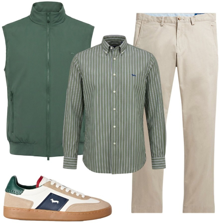 Outfit uomo - Scelgo il verde. Stile Casual per Ufficio. Abbinamento con gilet, camicie, sneakers, pantaloni.