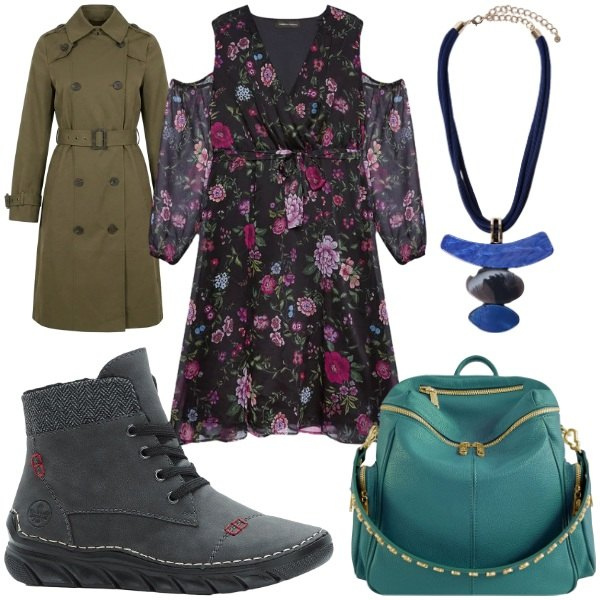 Outfit donna - Eleganza per settembre. Stile Glamour per Serata fuori. Abbinamento con stivaletti, vestiti midi/longuette, ciondoli, zaini, trench.