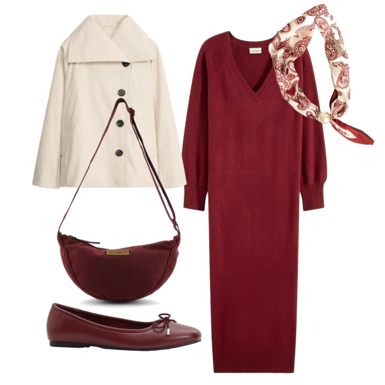 Outfit donna - Eleganza per il rientro. Stile Casual chic per Tutti i giorni. Abbinamento con vestito con fiocco e scollo fucsia, ballerine, trench, foulard, borse a tracolla.