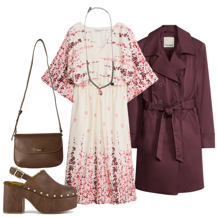 Outfit donna - Rientro. Stile Casual chic per Tutti i giorni. Abbinamento con vestiti midi/longuette, trench, borse a tracolla, ciondoli, sabot.