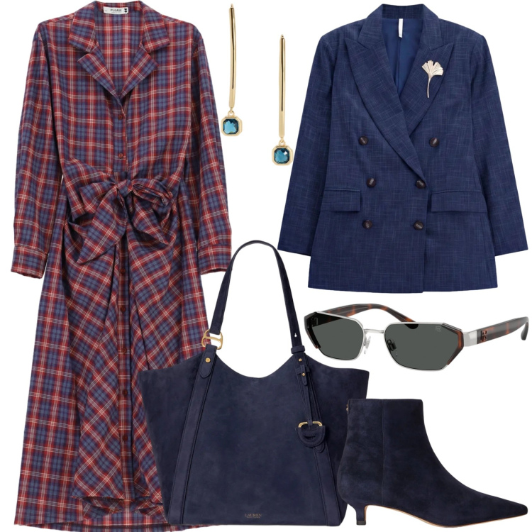 Outfit donna - Tartan denim e camoscio!. Stile Casual chic per Ufficio. Abbinamento con blazer, vestiti chemisier, occhiali da sole, borse tote, stivaletti, orecchini.
