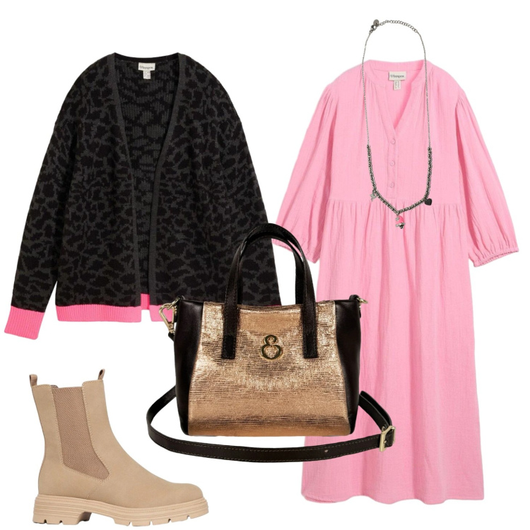Outfit donna - Chemisier con cardigan. Stile Casual chic per Tutti i giorni. Abbinamento con cardigans, vestiti chemisier, stivaletti, ciondoli, borse a mano.