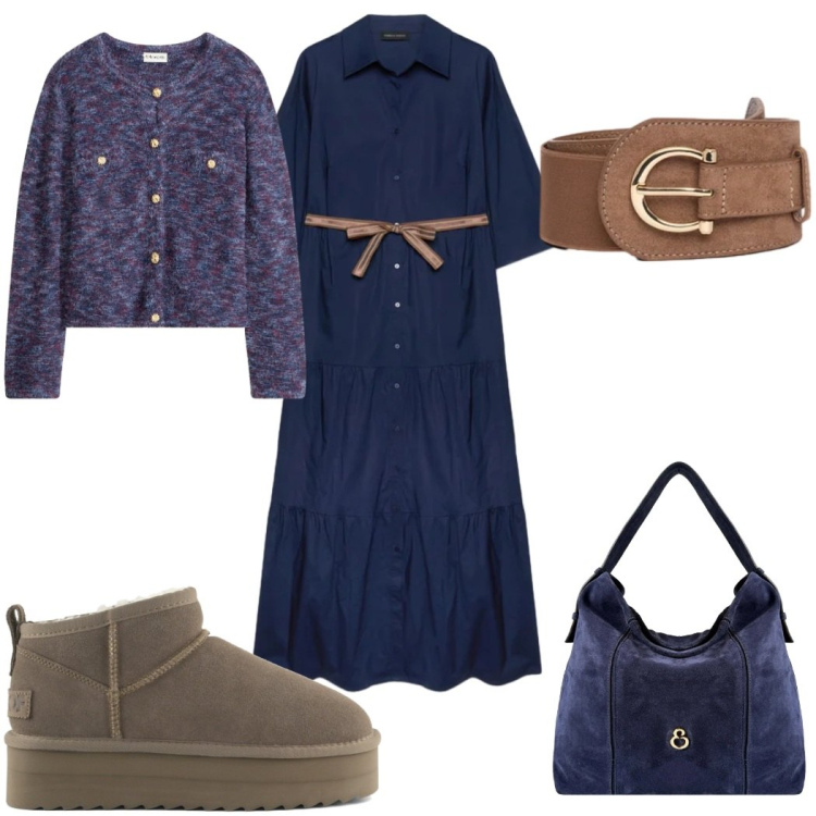 Outfit donna - Il vestito chemisier eleganza in blu. Stile Chic per Tutti i giorni. Abbinamento con cardigans, vestiti chemisier, cinture, borse a spalla, stivaletti.