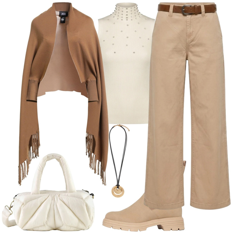 Outfit donna - Total look #2470957. Stile Casual per Ufficio. Abbinamento con cappe, stivaletti, ciondoli, borse a mano, pantaloni, top.