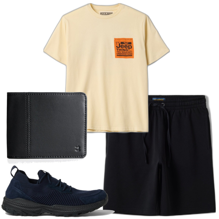 Outfit hombre - Casual. Estilo Casual para Todos los días. Combinación con carteras, pantalones cortos, camiseta, sneakers.
