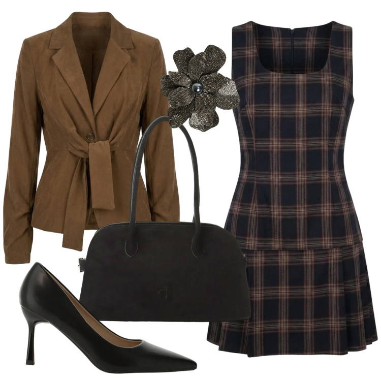 Outfit donna - Tartan d\'autunno. Stile Bon Ton per Ufficio. Abbinamento con décolleté, borse a spalla, vestiti corti, blazer, accessori per capelli.