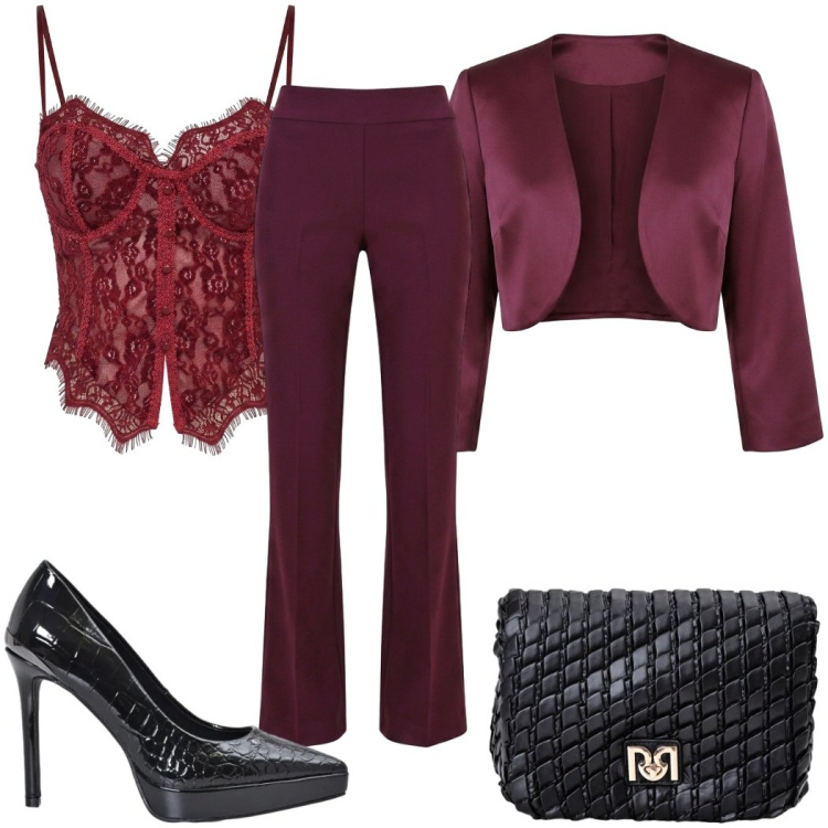 Outfit donna - Rinascimento - serata sexy. Stile Sexy per Serata fuori. Abbinamento con pantaloni, bolero, borse a tracolla, décolleté, top.