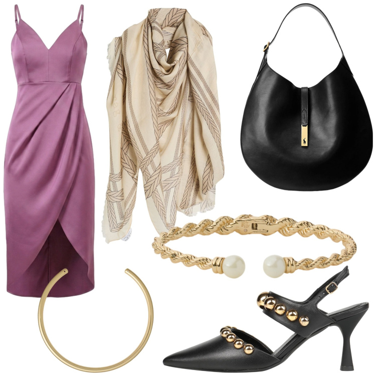 Outfit donna - Total look #2470965. Stile Glamour per Serata fuori. Abbinamento con décolleté, sciarpe, vestiti asimmetrici, borse a spalla, collane, braccialetti.