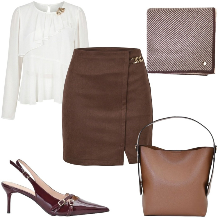 Outfit donna - Rinascimento - glamour in ufficio. Stile Glamour per Ufficio. Abbinamento con borse a mano, minigonne, décolleté, sciarpe, bluse.