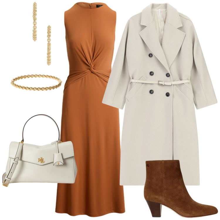 Outfit donna - Total look #2470967. Stile Chic per Tutti i giorni. Abbinamento con cappotti, vestiti senza maniche, borse a mano, stivaletti, orecchini, braccialetti.