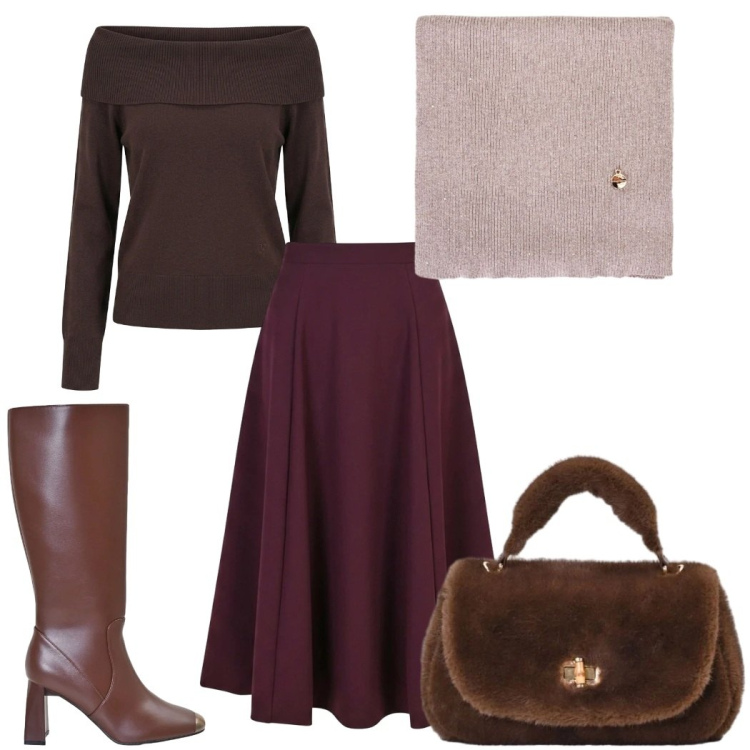 Outfit donna - Rinascimento - a spalle scoperte. Stile Glamour per Tutti i giorni. Abbinamento con gonne lunghe, borse a mano, stivali sopra il ginocchio, sciarpe, maglieria.