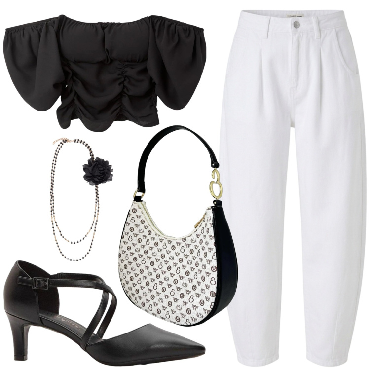 Outfit donna - Total look #2470969. Stile Casual chic per Serata fuori. Abbinamento con décolleté, bluse, pantaloni, collane, borse a spalla.