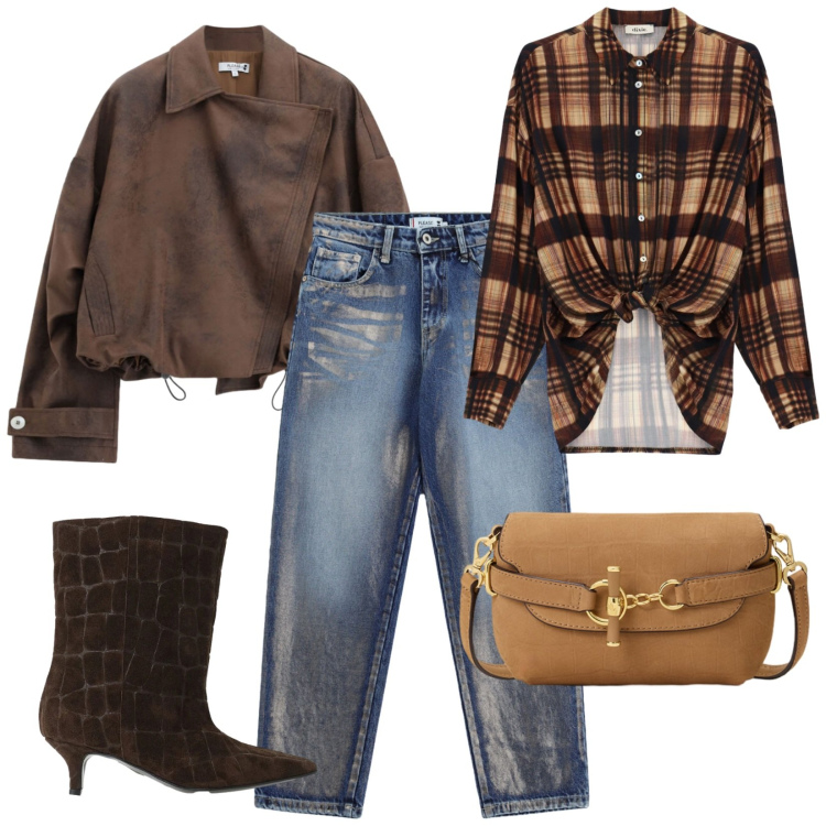 Outfit donna - Camicia annodata. Stile Trendy per Tutti i giorni. Abbinamento con stivali, camicie, bomber, jeans, borse a spalla.