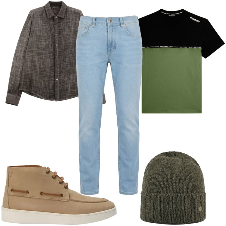 Outfit uomo - Urban transition. Stile Casual per Tutti i giorni. Abbinamento con jeans, stivali e stivaletti, camicie, t-shirt, cappelli.