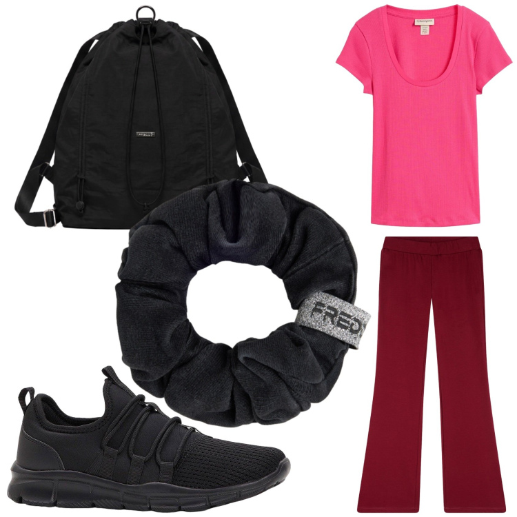Outfit donna - Settembre in palestra. Stile Sporty chic per Sport. Abbinamento con sneakers, t-shirt, leggings, accessori per capelli, zaini.