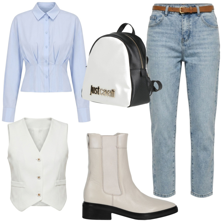 Outfit donna - Total look #2470976. Stile Casual chic per Scuola/Università. Abbinamento con stivaletti chelsea, zaini, camicie, gilet, jeans mom.