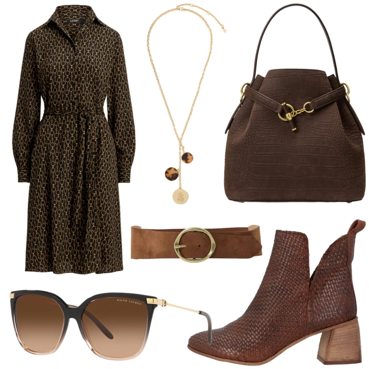 Outfit donna - Total look #2470979. Stile Boho per Tutti i giorni. Abbinamento con stivaletti, cinture, occhiali da sole, collane, borse a secchiello, vestiti chemisier.