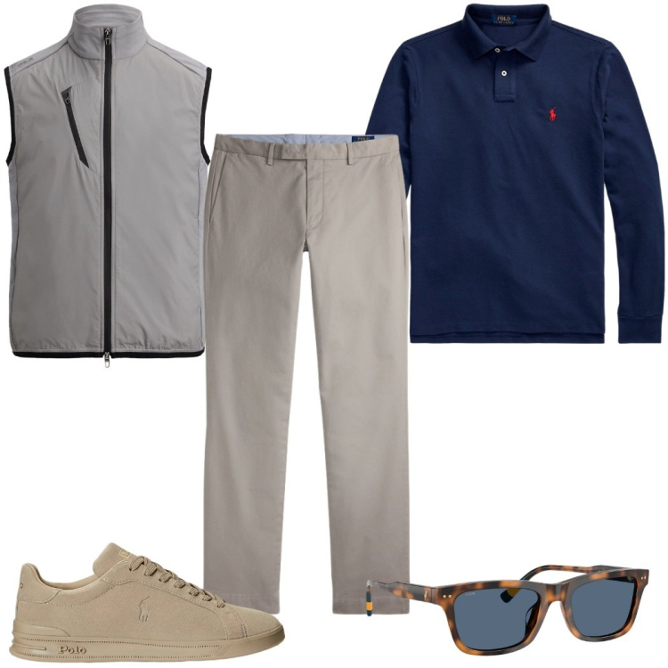 Outfit uomo - Polo a manica lunga blu. Stile Casual per Tutti i giorni. Abbinamento con polo, occhiali da sole, sneakers, pantaloni, gilet.