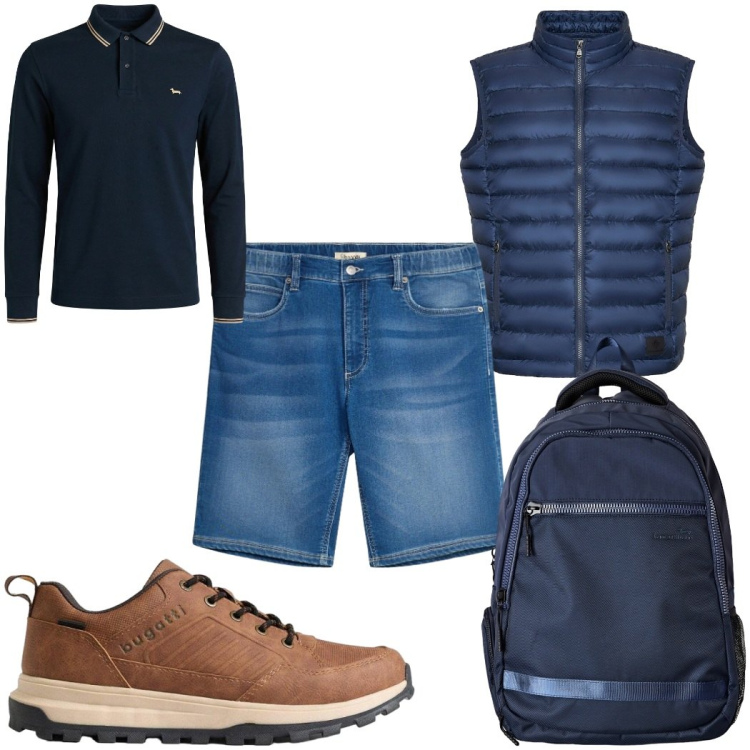 Outfit uomo - Polo a manica lunga e bermuda. Stile Trendy per Tutti i giorni. Abbinamento con bermuda, sneakers, polo, borse sportive, piumini.