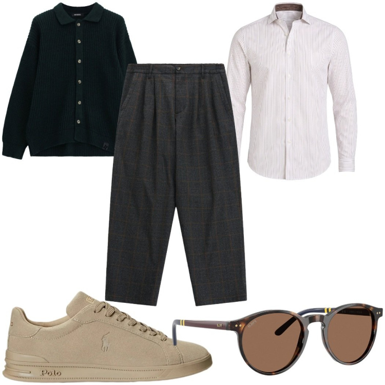 Outfit uomo - Aperitivo in città con amici. Stile Casual per Tutti i giorni. Abbinamento con camicie, pantaloni, cardigans, occhiali da sole, sneakers.