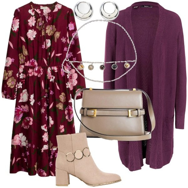 Outfit donna - L\'abito chemisier Donna Curvy. Stile Glamour per Serata fuori. Abbinamento con cardigans, orecchini, borse a tracolla, stivaletti, vestiti chemisier, cinture.