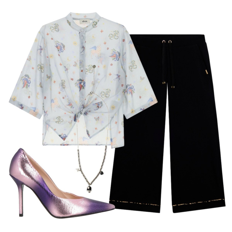 Outfit donna - Settembre. Stile Trendy per Serata fuori. Abbinamento con décolleté, camicie, ciondoli, pantaloni.