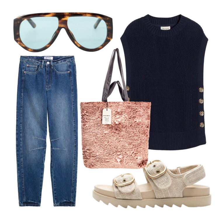 Outfit donna - Settembre. Stile Urban per Tutti i giorni. Abbinamento con sandali, maglieria, jeans mom, occhiali da sole, borse tote.