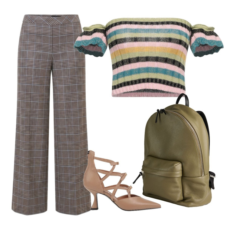 Outfit donna - Quadri e righe. Stile Trendy per Scuola/Università. Abbinamento con top, décolleté, zaini, pantaloni.