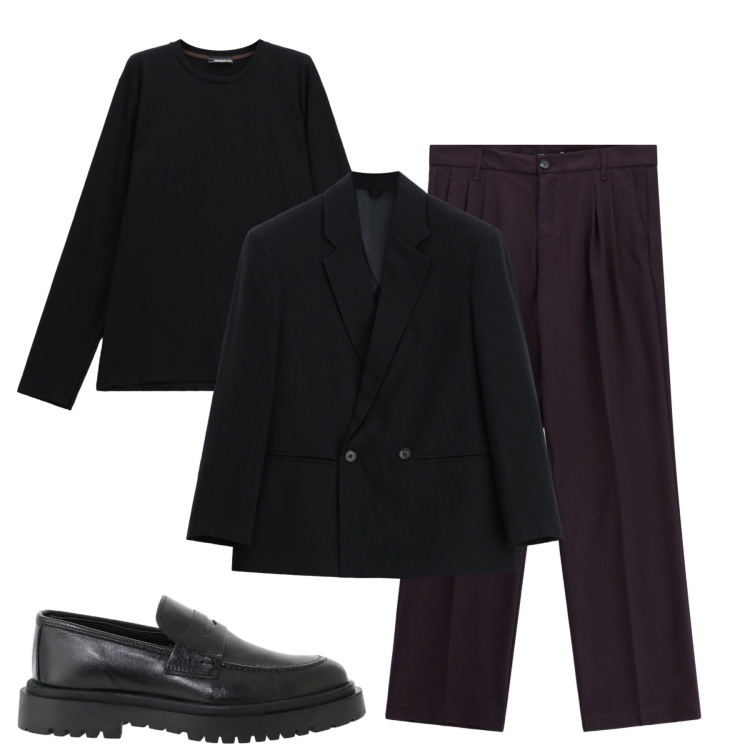 Outfit uomo - Total black. Stile Urban per Tutti i giorni. Abbinamento con pantaloni, giacche, scarpe stringate, t-shirt.