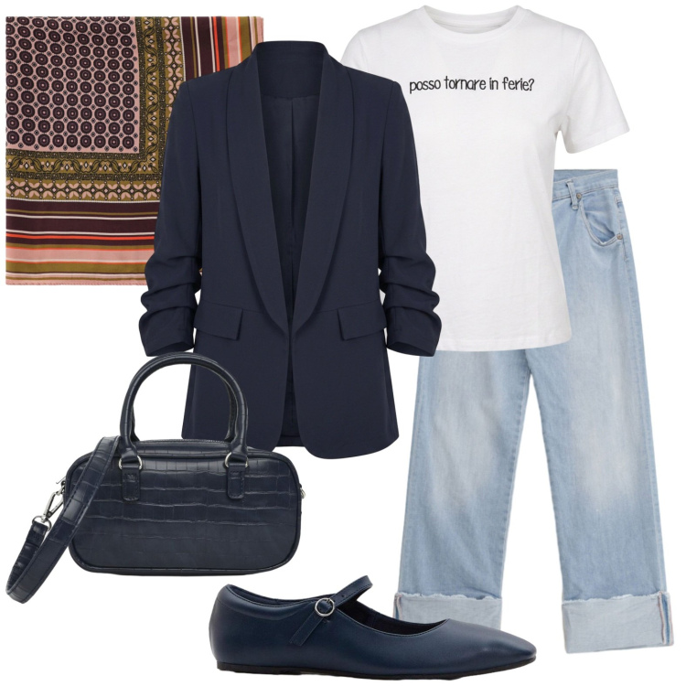 Outfit donna - Ufficio a settembre. Stile Urban per Tutti i giorni. Abbinamento con ballerine, foulard, borse a tracolla, jeans dritti, blazer, t-shirt.