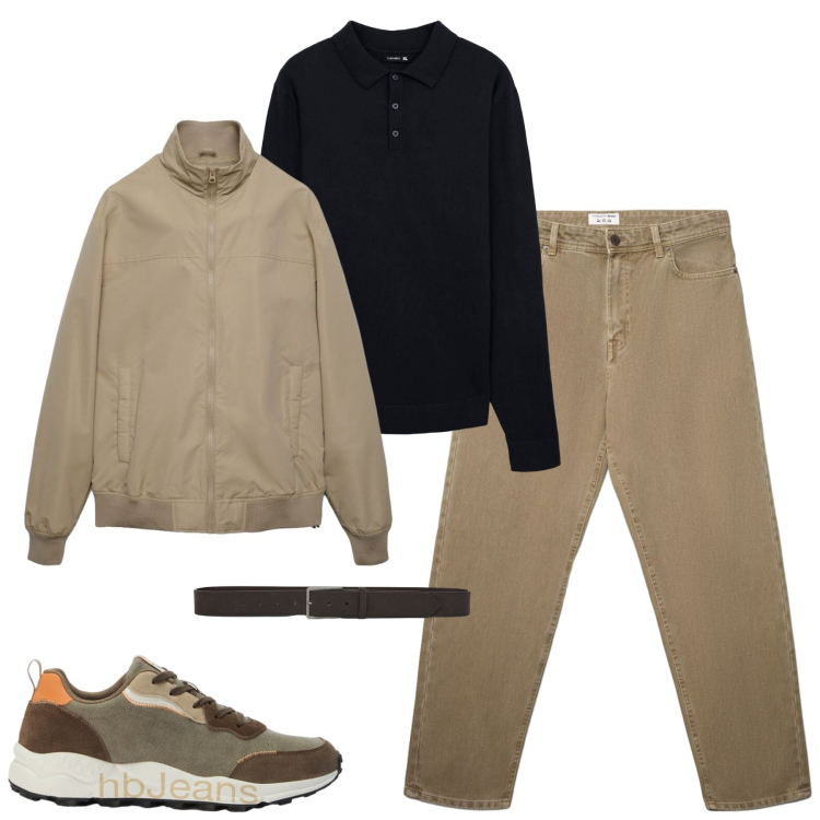 Outfit uomo - Fall. Stile Casual per Tutti i giorni. Abbinamento con sneakers, polo, jeans, bomber, cinture.