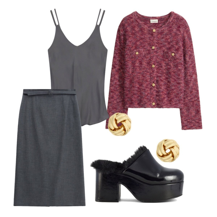 Outfit donna - Settembre. Stile Casual chic per Ufficio. Abbinamento con cardigans, gonne longuette, top, orecchini, sabot.