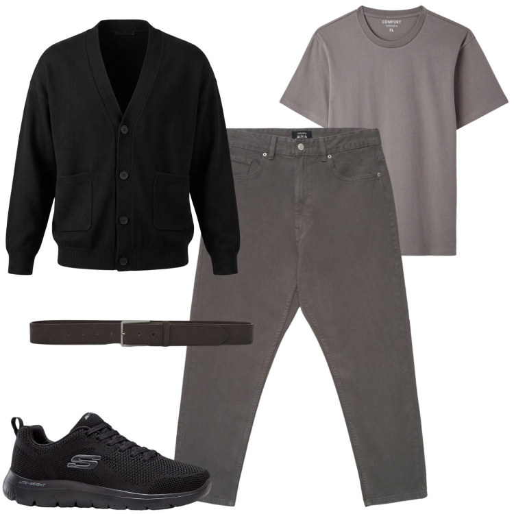 Outfit uomo - Tortora. Stile Casual per Tutti i giorni. Abbinamento con sneakers, cardigans, pantaloni, cinture, t-shirt.