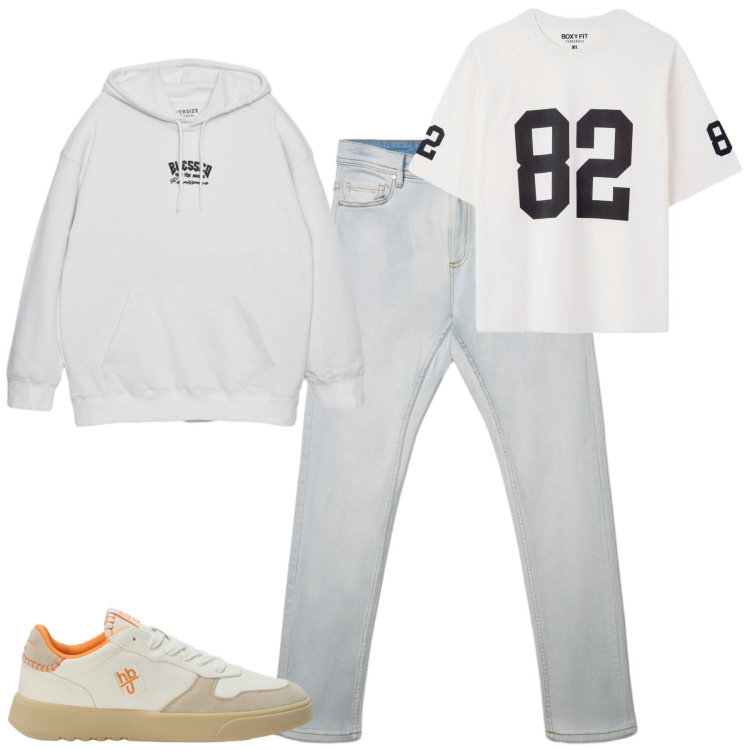 Outfit uomo - Settembre. Stile Casual per Tutti i giorni. Abbinamento con sneakers, felpe con cappuccio, jeans skinny, t-shirt.